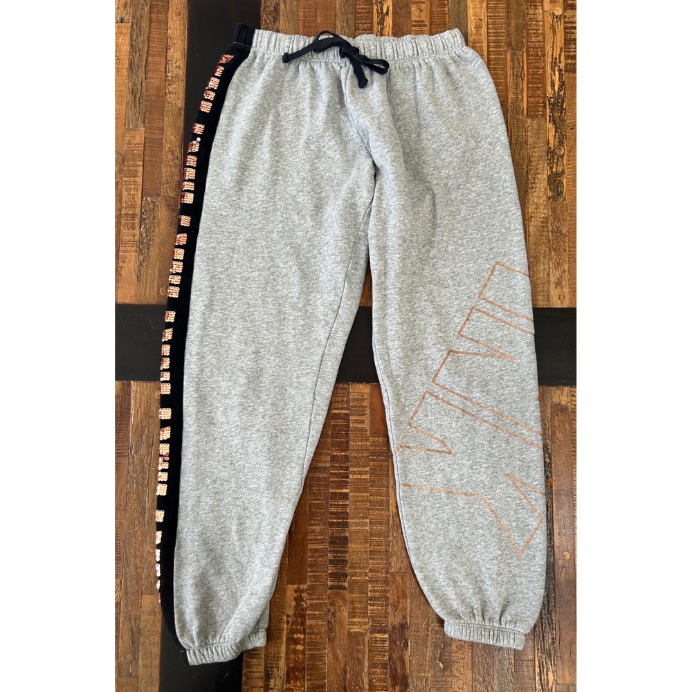 PINK Victoria's Secret Gray Rose Gold Sequin Logo Jogger Sweatpants XS